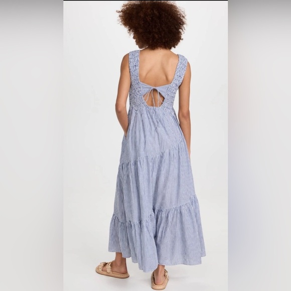 Free People Juno Tiered Maxi Dress Large Blue Striped Cotton Smocked Boho Flowy - Picture 2 of 16
